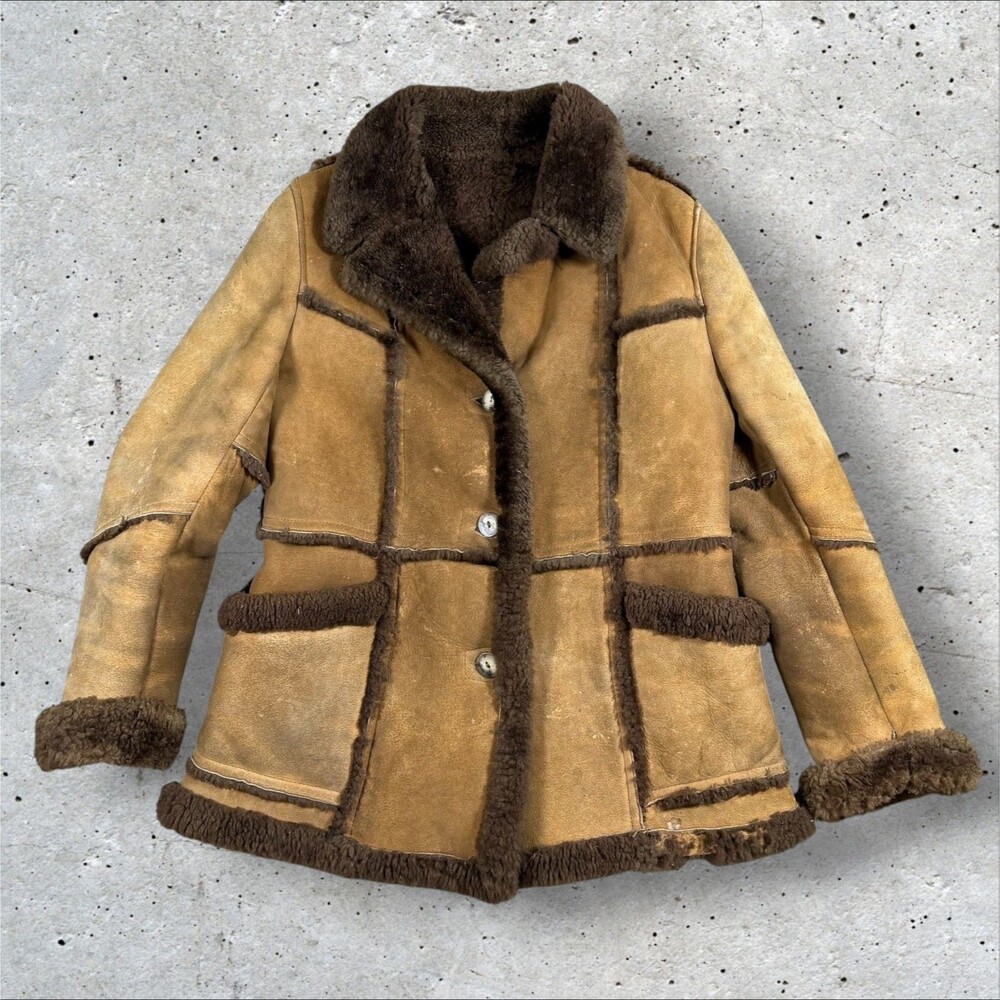 Vtg 70s Texas Tanning Shearling Sheepskin Leather Rancher Coat Jacket Size 16 L